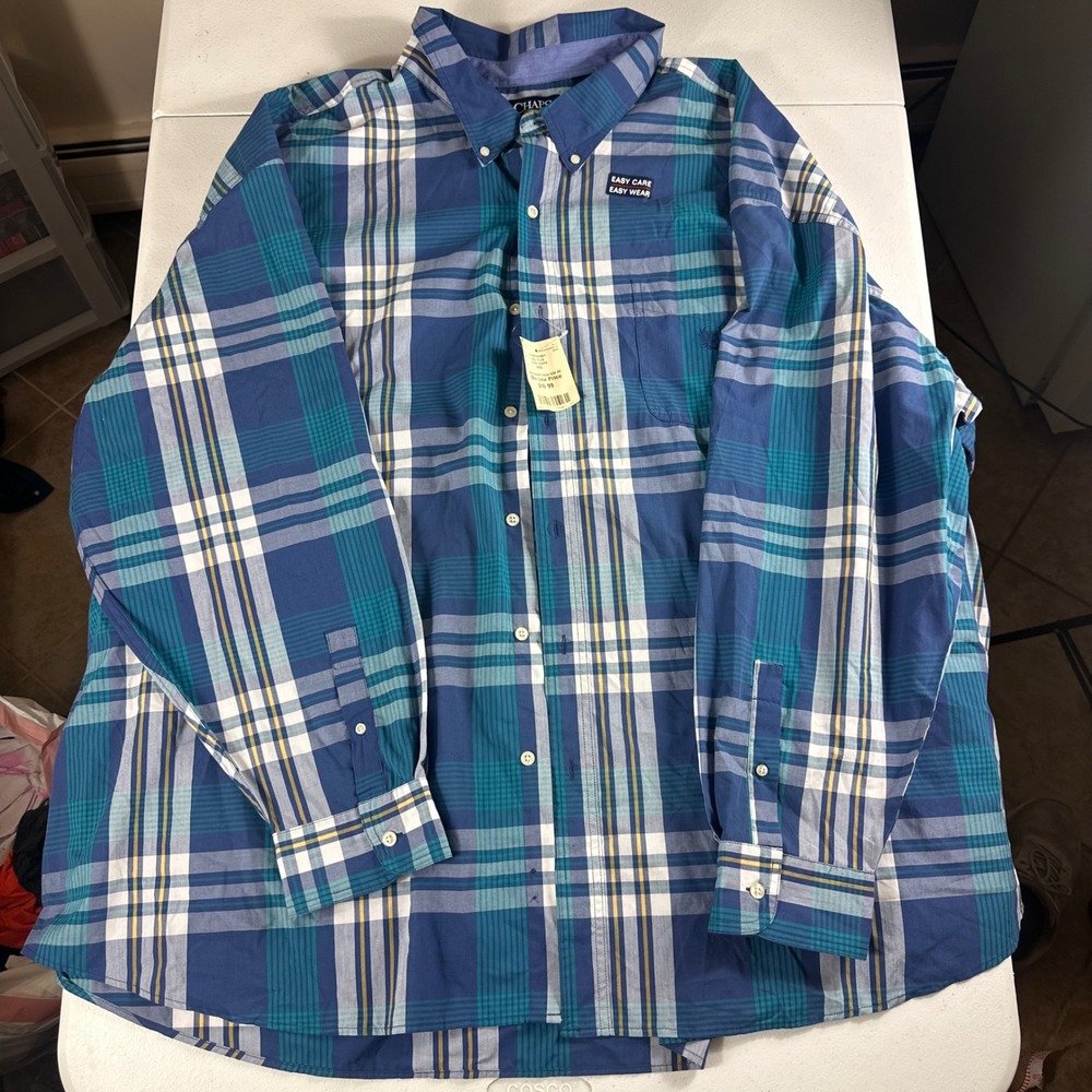 Chaps Shirt Mens 6XB Bali Blue Plaid Easy Care Button Down Big & Tall Outdoor